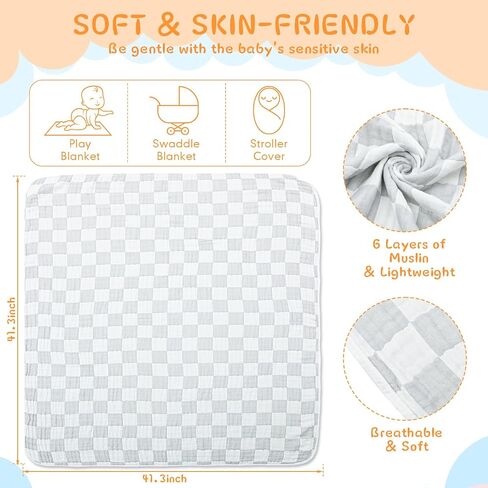 3 Pcs Muslin Swaddle Blankets 6 Layer Cotton Receiving Blankets 42 x 42 Inch Checkered Baby Blanket Soft Baby Bath Towel Wrap Blankets for Newborn Boys Girls(Blue, Gray, Coffee) in Saudi Arabia