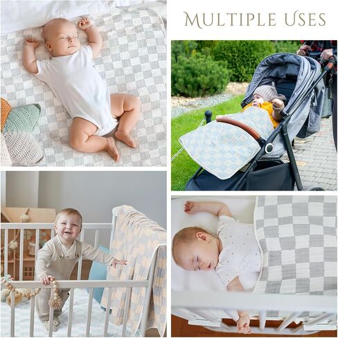 3 Pcs Muslin Swaddle Blankets 6 Layer Cotton Receiving Blankets 42 x 42 Inch Checkered Baby Blanket Soft Baby Bath Towel Wrap Blankets for Newborn Boys Girls(Blue, Gray, Coffee) in Saudi Arabia