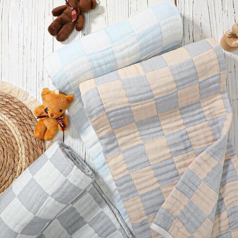 3 Pcs Muslin Swaddle Blankets 6 Layer Cotton Receiving Blankets 42 x 42 Inch Checkered Baby Blanket Soft Baby Bath Towel Wrap Blankets for Newborn Boys Girls(Blue, Gray, Coffee) in Saudi Arabia