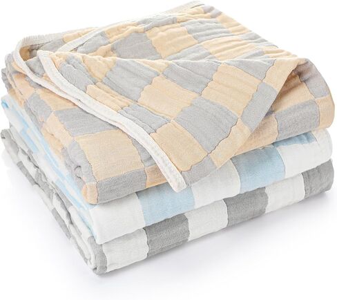 3 Pcs Muslin Swaddle Blankets 6 Layer Cotton Receiving Blankets 42 x 42 Inch Checkered Baby Blanket Soft Baby Bath Towel Wrap Blankets for Newborn Boys Girls(Blue, Gray, Coffee) in Saudi Arabia
