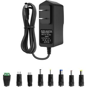 9V Power Supply Adapter 1A 9W DC Power Adapter 100-240V AC to DC 9V Power Cord Transformer 9Volt 1Amp AC/DC Adapter, 8 Tips