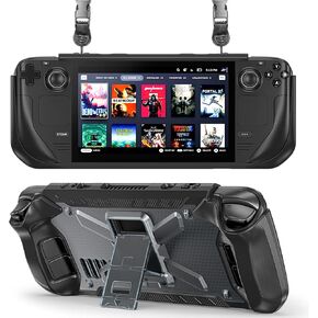 Protective Steam Deck Case with Kickstand, TPU & PC Cover, Shock-Absorption for Steam Deck Accessories with Shoulder Strap - Black