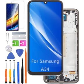 for Samsung A34 Screen Replacement with Frame (Incell) for Samsung A346E A346B A346M LCD Display Touch Digitizer Assembly with Repair Part Tools(Without Fingerprint)
