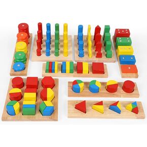 TOWO Wooden Geometric Shapes Stacking Rings and Fractions Boards 8 in 1 set Puzzles- Shape Sorter Sorting Toy Stacking Game – Montessori Materials Educational learning toys for 3 4 5 6 years
