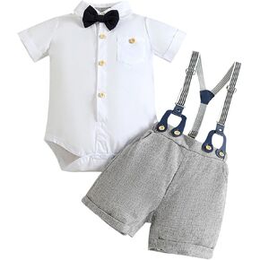 Baby Boys Kids Short Sleeve Bowtie Buttons Bodysuit Shirts Suspender Shorts Casual Summer Clothes Sets