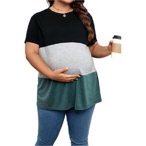 MakeMeChic Women's Plus Size Maternity Tops Colorblock Round Neck Short Sleeve Pregnancy Tee Shirts