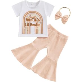 YOKJZJD 3Pcs Toddler Baby Girl Outfits Aunties Mamas Bestie Short Sleeve T-Shirt Tops Bell Bottom Pants Set Summer Clothes