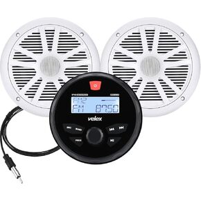 Marine Audio System Stereo Speaker Package, Bluetooth, MP3 USB AM FM Marine Stereo - 2 x 6.5 Inch White Speakers, Antenna