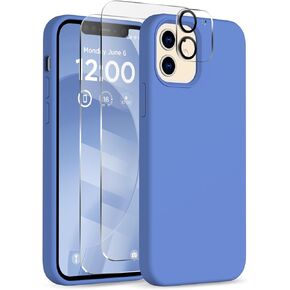 for iPhone 12 Case and iPhone 12 Pro Case, [Camera Lens Protector + Screen Protector], Soft Microfiber Lining Silicone Shockproof Protective Slim Thin Phone Cover 6.1 inch, Azure Blue