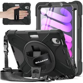حافظة BRAECNstock لجهاز iPad Mini 6 حافظة Apple iPad Mini الجيل السادس للأطفال 8.3 بوصة 2021 غطاء حماية ضد الصدمات لجهاز iPad Mini 6 مع واقي شاشة وحامل دوار + حامل قلم حزام اليد - أسود