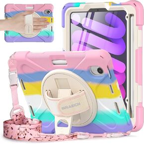 BRAECNstock for iPad Mini 6 Case Apple iPad Mini 6th Generation Case for Kids 8.3 Inch 2021 Shockproof Protective iPad Mini 6 Cover with Screen Protector Rotating Stand+Hand Strap Pen Holder - Black
