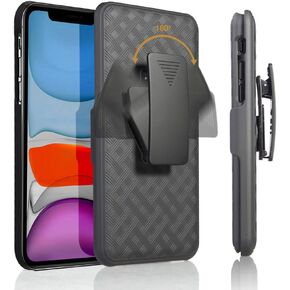 iPhone 11 Holster Case, iPhone 11 Case for Men, Belt Clip Holster Case, Combo Case with Kickstand Rotating Belt Clip Super Slim Shell Phone Holster for Apple iPhone 11 Phone 6.1'' (2019), Black