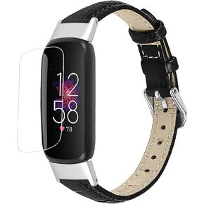 Compatible for Fitbit Luxe Watch Band, Elegant Narrow Leather Strap Wristband with a HD Screen Protector, Soft Bracelet Replacement for Fitbit Luxe Fitness and Wellness Tracker Women