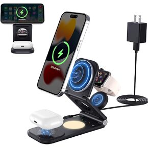 قاعدة شحن لاسلكية 3 في 1 لأجهزة iPhone 15/14/13/Plus/Pro/Pro Max/12 & AirPods 3/2/Pro وApple Watch & Mag-Safe، حامل شاحن مغناطيسي سريع قابل للطي بقدرة 18 وات، شاحن محمول لـ iPhone أبل، أسود in Kuwait