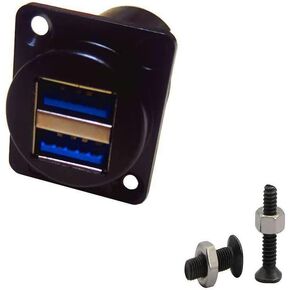 USB 3.0 D Panel Mount Socket Dual 2X USB Port Solderless Series D-Type Connector Female to Female Coupler Pass Through Adapter with Screws