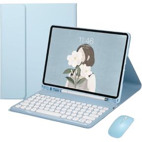 Keyboard Case for Galaxy Tab S6 Lite 10.4 inch Case with Keyboard and Bluetooth Mouse, Detachable Candy Color Keyboard Cover Round Key，Sky Blue