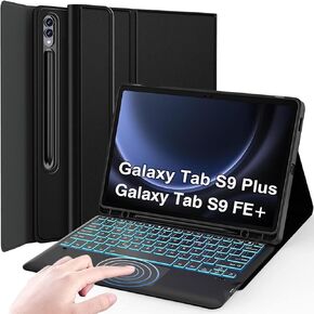 Keyboard Case for Samsung Galaxy Tab S9 FE+/S9+ Plus 12.4 Inch 2023, 7 Colors Backlit, Smart Touchpad, Detachable Bluetooth Wireless Trackpad Keyboard & Slim PU Stand Cover with S Pen Holder