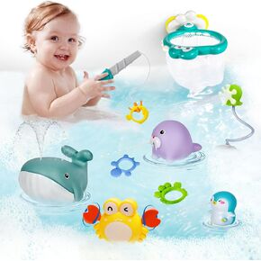Bath Toys for Kids Ages 1-3, Fishing Games Swimming Crab Bath Time Floating Water Toys for Toddlers 1-3, Mold-Free Baby Infant Bath Tub Toys & Octopus Water Head with Dinosaur Storage Bag