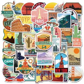 50Pcs Travel City Stickers, Vinyl Waterproof Famous Landmark Sticker Pack for Water Bottle Laptop Travel Case Luggage Car Bumper Guitar Skateboard Journal