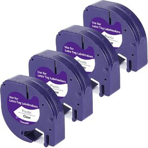 4 Pack Clear Label Tape Compatible with Dymo LetraTag Refills 16952 S0721530 Clear Plastic Label Tape 12mm X 4m for Dymo Letratag Label Maker LT-100H LT-100T Qx50, Black on Clear