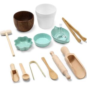 14pcs Sensory Bin Tool Sensory Tools for Boys and Girls Sensory Bin Toys Wooden Tong Spoons Bowls Plate Hammer Magnifying Glass and Rolling Pin for Transfer Work and Fine Motor Learning