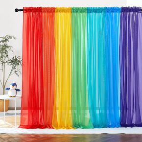 PONY DANCE 7 Pieces Rainbow Sheer Curtains - Colorful Backdrop Bright Drape Set for Playroom,Nurseries,Party,Red,Orange,Yellow,Green,Cyan,Blue,Purple,95 inch Length