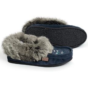 Laurentian Chief Moccasin Slippers for Woman - Orlon Beaded Slippers with Fur Trim and Padded Sole, Canada Quality Womens Slippers, Comfortable Stylish Indoor and Outdoor