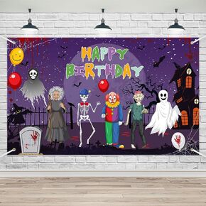 Lofaris Halloween Birthday Party Banner Horror Theme Birthday Decorations Cartoon Zombie Scary Clown Skeleton Ghost in The Dark Photo Backdrop 70.8x43.3inch