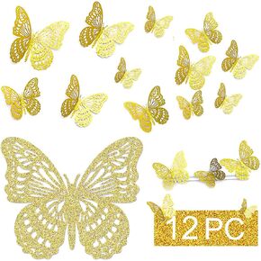 3D Butterfly Wall Decor 3 Sizes, Kurilai Flash 12Pcs Butterfly Decorations Party Birthday Cake Decoration, Removable Shiny Wall Stickers for Kids Nursery Wedding Bedroom Room Decor (Purple)