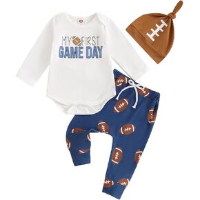 Omkzanbi Newborn Boy Football Clothes My First Game Day Bodysuit Football Jogger Pants Hat Fall Winter Coming Home Outfit
