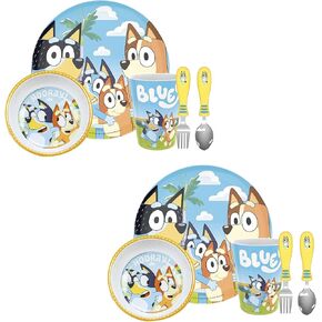 zak! Bluey - 5-Piece Dinnerware Set - Pack of 2 - Durable Plastic & Stainless Steel - Includes Two Each: Tumbler, 8-Inch Plate, 6-Inch Bowl, Fork & Spoon - Suitable for Kids Ages 3+