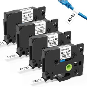 Replace for Brother Flexible-ID Label TZe-FX231 TZeFX231 P Touch Laminated White TZ Tape 1/2" (0.47") Work with Brother PTouch Label Maker PTD210 PTH110 PTE300 for Wire Wrapping and Flagging, 4-Pack