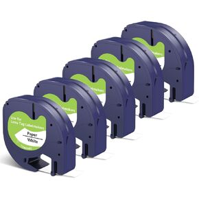 Label Maker Refills Replacement for Dymo Letratag Handheld Label Maker Compatible with Dymo LT100T LT100H QX50 12mm Paper Label Tape Black on White 4m 13ft 91330 10697 Letra tag Tape, 5 Packs