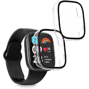 kwmobile Cover Comaptible with Xiaomi Redmi Watch 3 Active/Redmi Watch 3 Lite Covers - 2X Tempered Glass with Plastic Frame - Black/Dark Blue