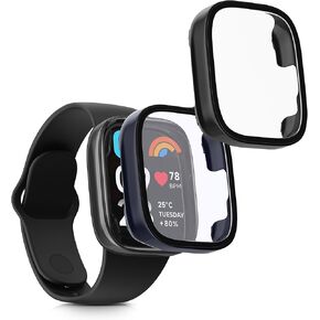 kwmobile Cover Comaptible with Xiaomi Redmi Watch 3 Active/Redmi Watch 3 Lite Covers - 2X Tempered Glass with Plastic Frame - Black/Dark Blue