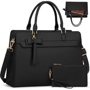 Laptop Bag for Women 15.6 inch Leather Laptop Tote Bag Large Computer Bag Waterproof Business Office Work Bag Briefcase with Satchel Purse 2pcs Set, Black