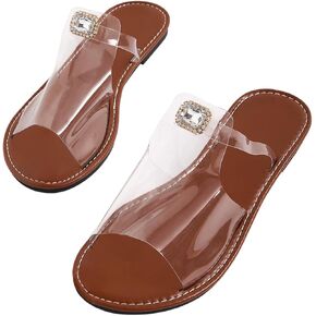 GORGLITTER Women's Glitter Rhinestone Decor Open Toe Slide Clear Sandals Cut Out Transparent Single Band Flats
