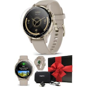 PlayBetter Garmin Venu 3S (Soft Gold/French Gray) Fitness GPS Smartwatch Gift Box Bundle - AMOLED Touchscreen, 10 Days of Battery & On-Wrist Texting - includes Screen Protectors, Wall Adapter & Case
