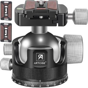 Low Profile Ball Head Tripod Ball Head ARTCISE KB44 Heavy Duty Tripod Head All Metal CNC Machining with Three 1/4" Quick Release Plates for Tripod, Monopod, DSLR, Camcorder, Max Load 66lbs /30kg