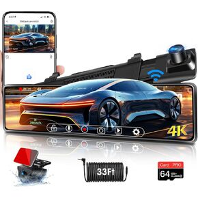 【WiFi 12" 4K 】 Mirror Dash Cam with 1080P Backup Camera, Rear View Mirror Camera w 64G Card Clear Night Vision Loop Recording 24H Parking Assistance,WDR & HDR Rear View Mirror Dash Cam Front and Rear