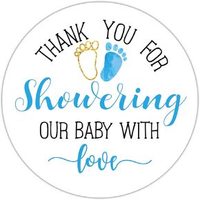Blue Baby Shower Stickers, Thank You for Showering Our Baby with Love Stickers, Baby Shower Favors for Boys, Thank You Stickers Baby Shower, 2 Inch, Pack of 50.
