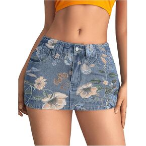 SHENHE Women's Low Rise Denim Mini Skirt Sexy Bodycon Jean Skirt with Pockets