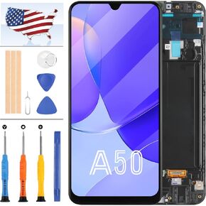 OLED Screen Replacement for Samsung Galaxy A50 2019 A505 SM-A505F A505U1 A505P A505U A505F A505YN LCD Display Repair Parts Assembly Touch Sensor Digitizer Glass Lens Kit (OLED with Frame)