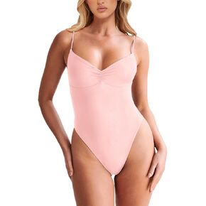 Women's Sexy V Neck Bodysuit Ruched Body Suits Spaghetti Strap Backless Cami Bodysuit Top