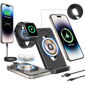 5-in-1 Wireless Charging Station, Foldable Magnetic Fast Magsafe Charger Stand with Night Light, 15W Travel Wireless Charger for iPhone 15/14/13/12/11, Apple Watch Ultra/SE/9/8/7, AirPods Pro 2