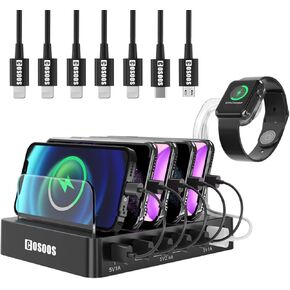 مصادر طاقة COSOOS، محطة شحن USB لجهاز iPhone 14، محطة شحن مع 5 كابلات شاحن هاتف قصيرة، 1 نوع C، 1 كابل صغير، حامل iWatch، محطة شحن 6 منافذ لأجهزة متعددة