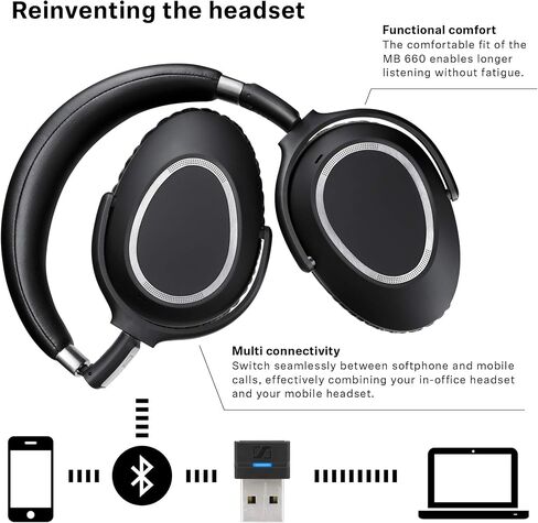 Sennheiser MB 660 UC (507092) - Dual-Connectivity, Wireless, Bluetooth, Foldable, Adaptive ANC Over-Ear Headset | For Desk/Mobile Phone & Softphone/PC Connection | UC Platform Compatibility (Black) in Saudi Arabia