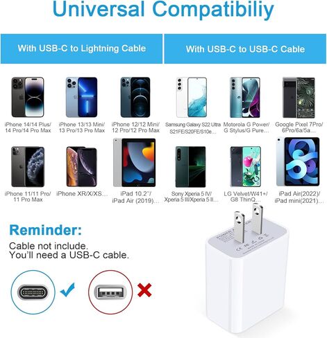 شاحن USB-C لهاتف iPhone، محول طاقة شاحن PD سريع 20 وات، صندوق مكعبات توصيل USB C متوافق مع iPhone SE/14/13/12/11 Pro Max XS X 8، Airpods Pro، MacBook، iPad Pro/Air/Mini، سامسونج جالاكسي اس22 اس21 in Kuwait