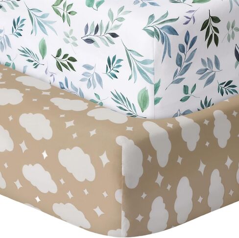 Baby Crib Sheets for Boys Girls, 2 Pack Fitted Crib Sheet for Standard Crib and Toddler Mattress, Soft Microfiber Baby Sheet 52x28x8in. (Green Leaf & Clouds) in Saudi Arabia