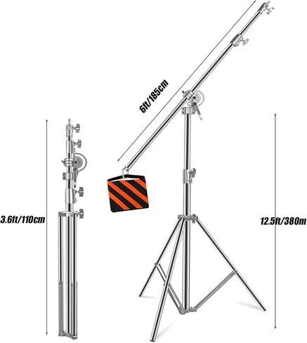 100% Stainless Steel Light Stand with Boom Arm, 12.5ft/3.8m Heavy Duty 2-in-1 Tripod Light Stand with 6ft/185cm Holding Arm, Sandbag for Studio Monolight Softbox Reflector Photography in Saudi Arabia